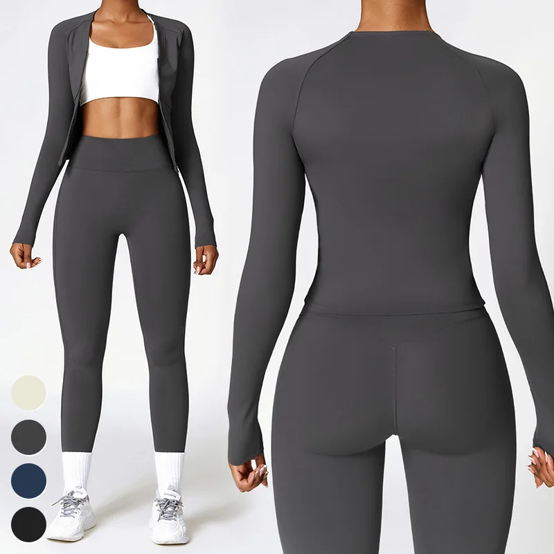 

Custom Running Sports Clothing 2 Piece Suit Workout Wear Gym Fitness Sets Fleece Jacket Scrunch Butt Leggings Yoga Set For Women