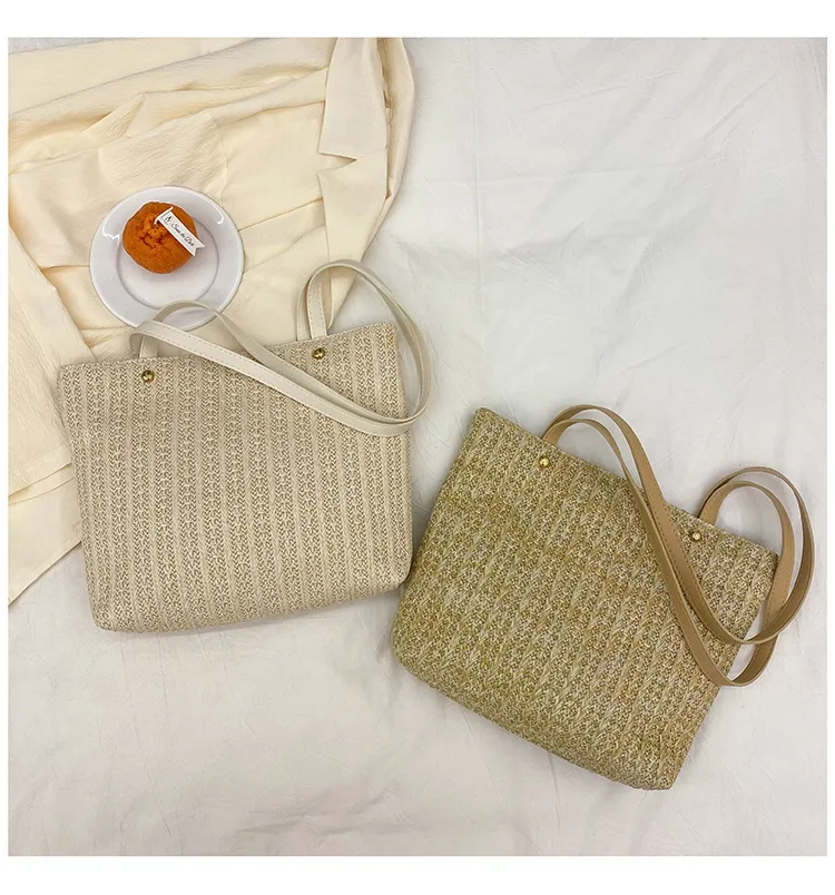 

2021 Handbags For Women Summer New Solid Color Straw Beach Shoulder Shopping Travel Vacation Casual Tot Bag, Picture color