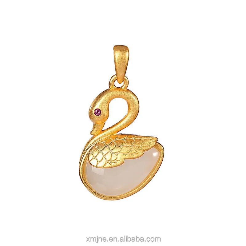 

Certified S925 Sterling Silver Gold-Plated Jade Natural Hetian Jade Pendant Personality Swan Ladies Necklace Pendant