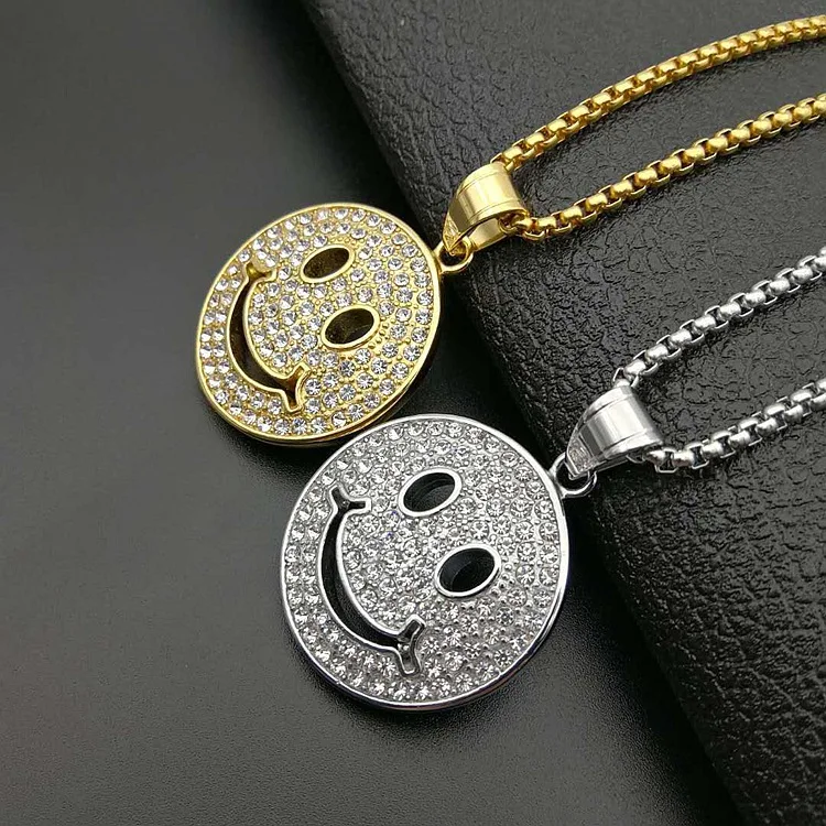 

NS1162 High Quality Men's Crystal Gold Plated Stainless Titanium Steel Smiley Happy Face Pendant Chain Necklace Jewelry for Men, Gold,steel