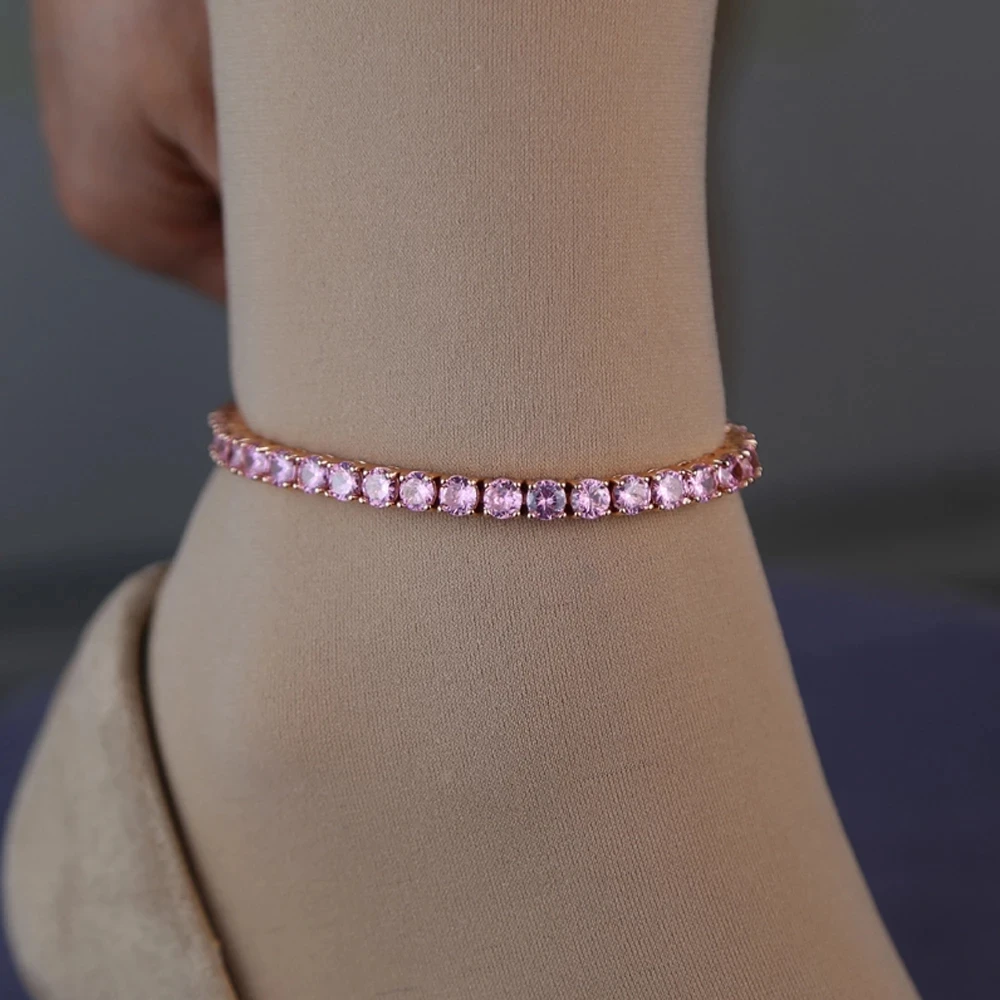 

2021 New Zircon Charm Anklet Jewelry Iced Out Bling Rose Gold Color Pink 5mm Tennis Chain Anklet For Women