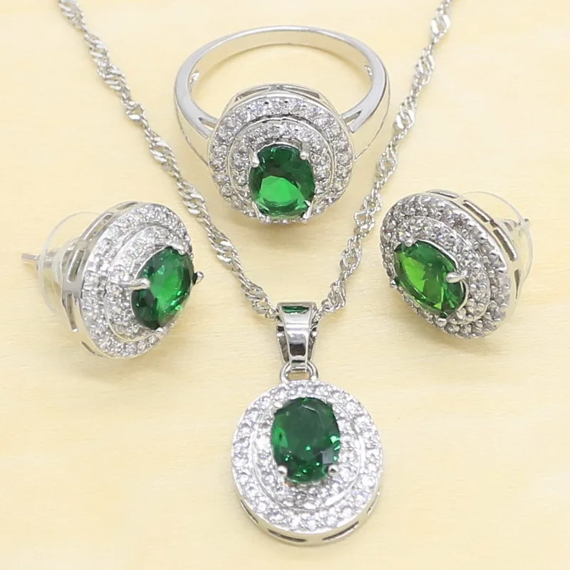 

Oval Green Stone Silver Color Jewelry Sets For Women Stud Earrings Necklace Pendant Rings