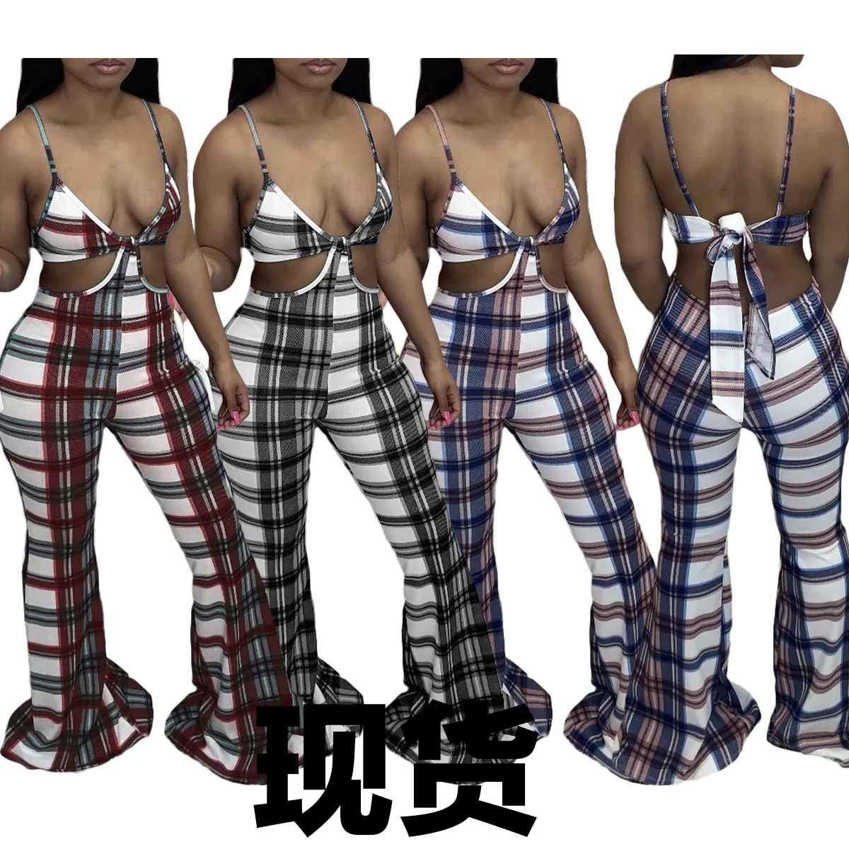

Summer 2021 women clothes plus size pants women fashion sexy plaid sling jumpsuit flare pants women's trousers, Solid