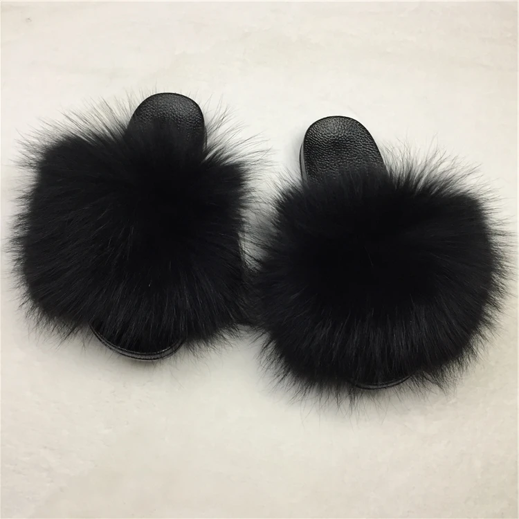 

Wholesale Fuzzy Slides Ladies Women Soft Real Fox Fur Slides, Customized color