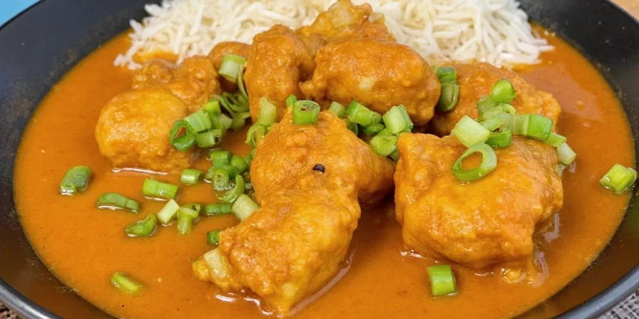 A vibrant bowl of curry chicken served with rice