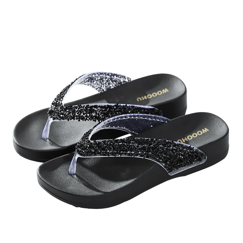 

High quality slippers for women thick sole rhinestone shiny outdoor beach sandals for ladies wholesale cheap flip flop, Black and beige