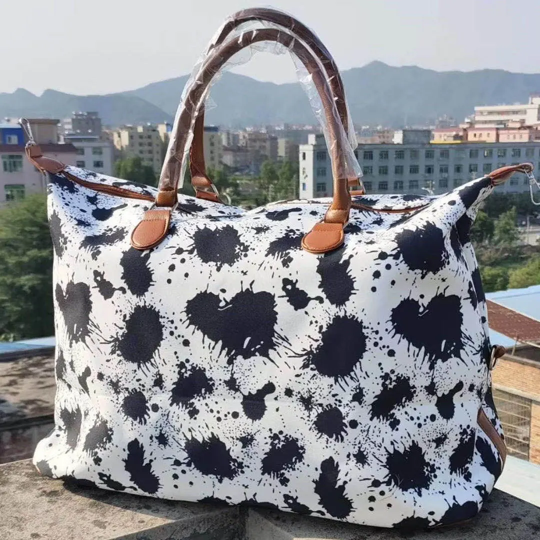 

Wholesale Cowhide Weekender Travel Bags Large Capacity Cow Print Buffalo Plaid Leather Handbag Leopard Duffle Bag for women