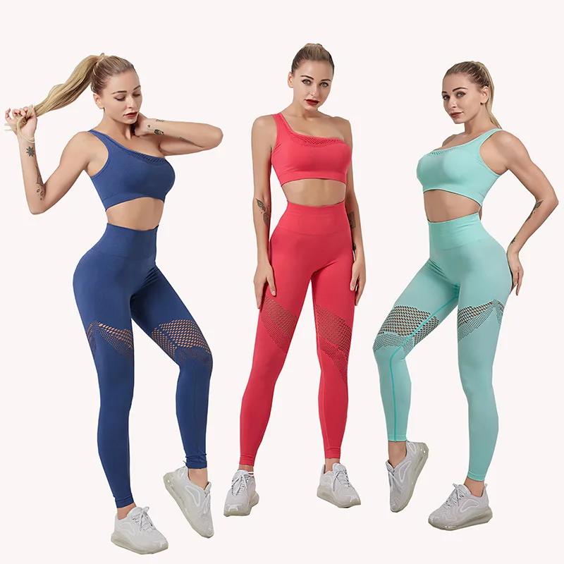 

Seamless 2 Piece Custom Fitness Yoga One Shoulder Sets Women Yoga Wear Sport Clothing Set, Customized colors