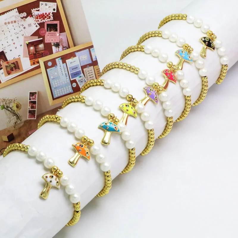 

18K Gold plated Jewelry Women Colorful Enamel Mushroom Charm Minimalist Pearl Round Brass Beads Elastic Bracelets