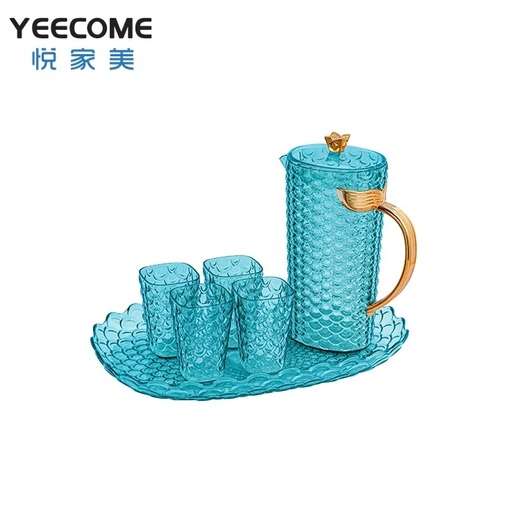 

PS Plastic Water Jug Drinkware Yeecome Brand Glossy Gold Plated Handle Blue Transparent Fish Scale Water Jug Sets