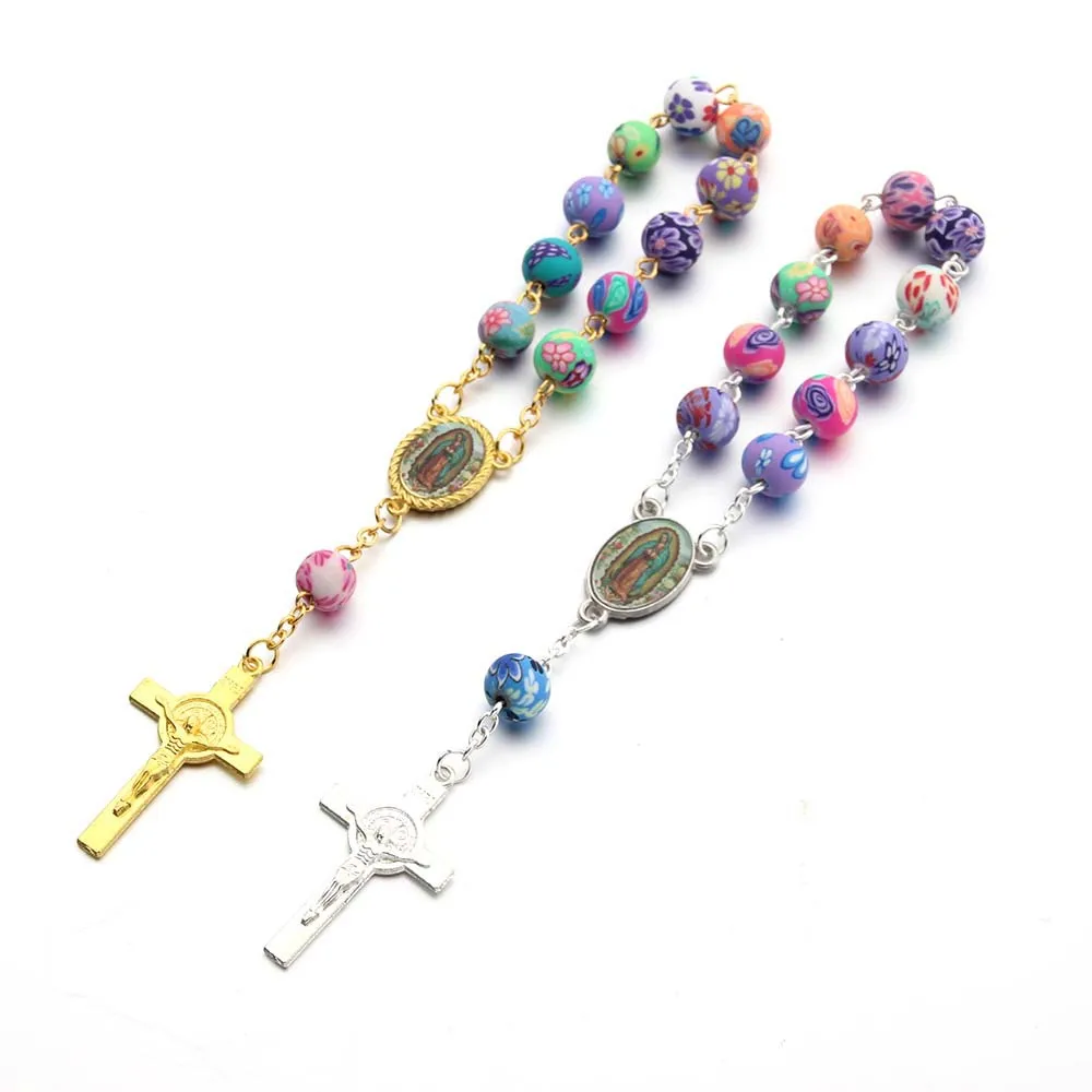 

Wholesale St Christopher Auto Rosary Bracelets Polymer Soft Beads Catholic Religious Cross Prayer Decades Car Rosary, Gold/silver