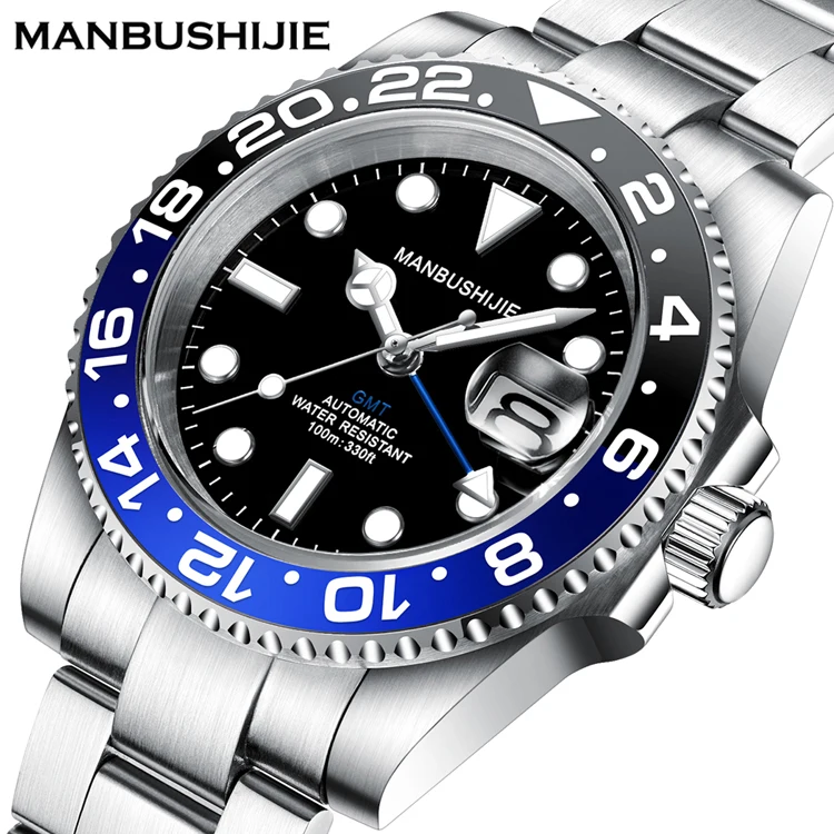 

Luxury Men's Mechanical Watch Reloj Para Hombres Genuine Sapphire Steel Strap GMT Waterproof 10 ATM Luminous Automatic Watch