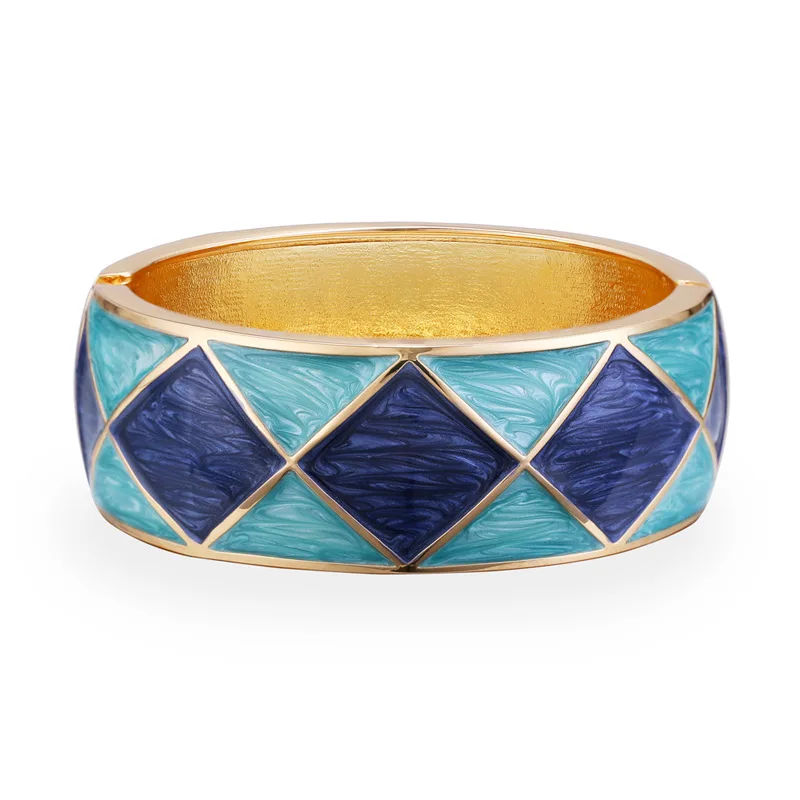 

CLARMER Europe New Design Bracelet Vintage Wide Border Cuff Bangle Colorful Enamel Geometric Gold Plated Bangle For Woman, Orange ,blue , black