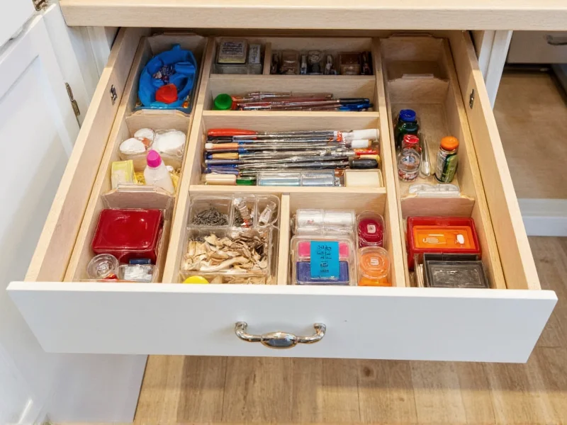 Crafting cabinet with labeled compartments for organized supplies