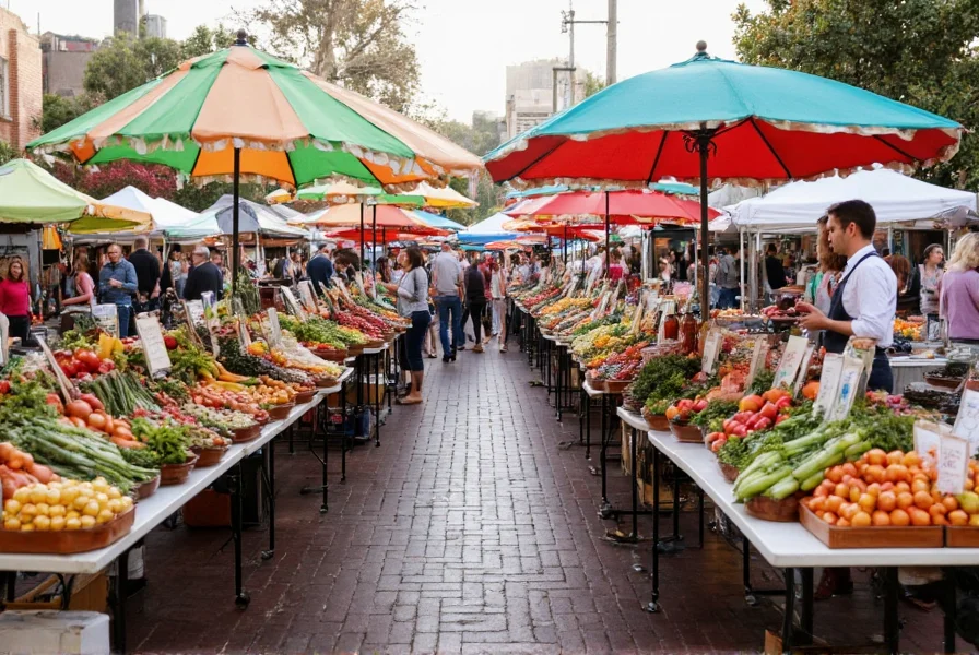 Vibrant food stalls at Pepper Place Saturday Market with fresh produce and artisanal products