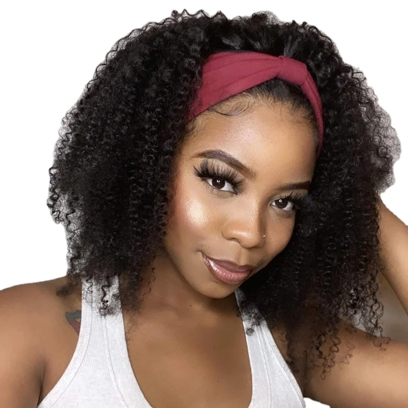 

Dropshipping New Fashion Women Black Short Curly Hair Wigs With Headband Synthetic Afro Curly Hair Head Cover For Lady