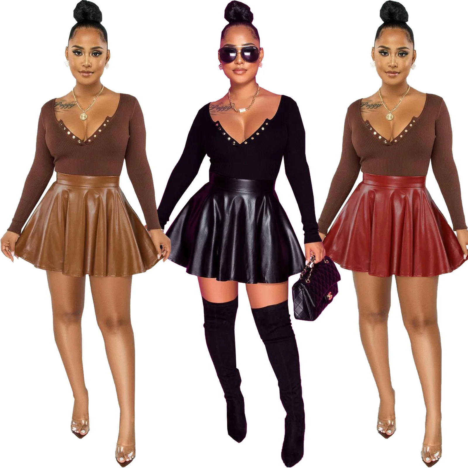 

2022 new arrivals spring PU leather mini girls skirts skirts womens skirts, Picture