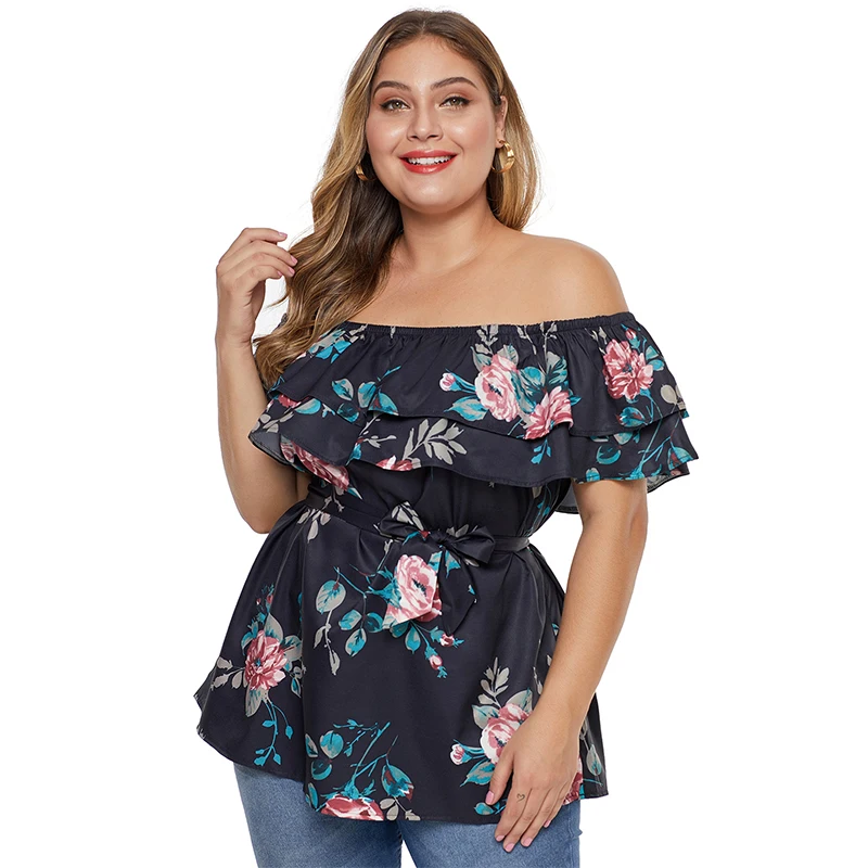 

2020 Plus Size Floral Tiered Short Sleeve Off the Shoulder Woman Top, As shown