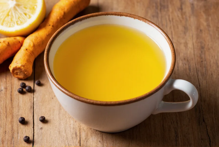 Golden turmeric tea in a ceramic mug with fresh turmeric root, black pepper, and lemon slices on wooden table