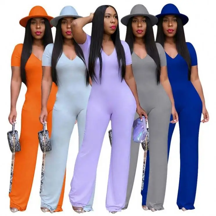 

Ckfashion New Trendy Solid Color V-Neck Short Sleeve Ladies Casual One Piece Long Rompers Wide Leg Pants Women Jumpsuits