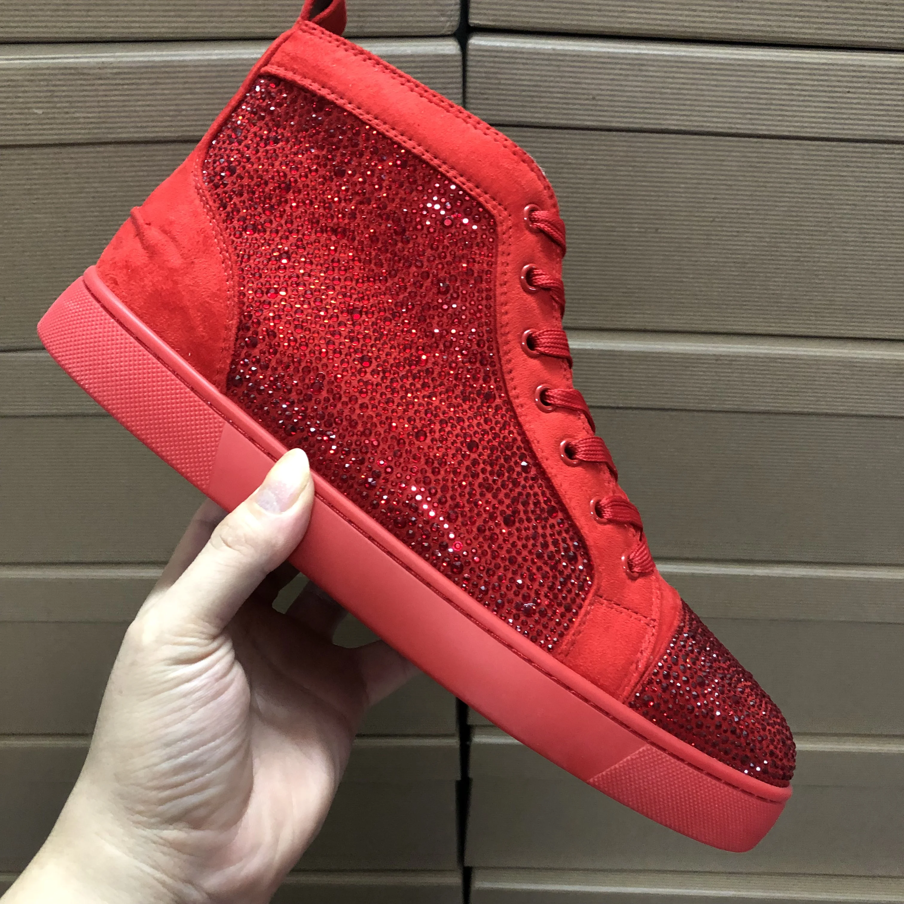 

Wholesale Leather High Top Rhinestones Brand Mens Red Bottoms Spikes Shoes Famous Brands Luxury Designer Sneakers for Women, Black,red,white,blue