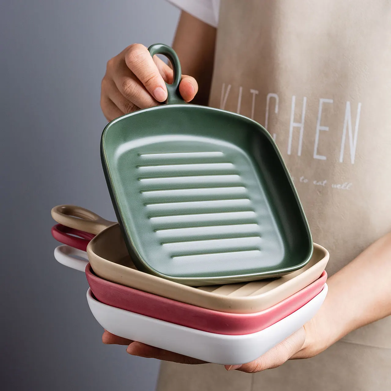 

MONAZONE Kitchen Salad Plate Nordic Style Baking Pan With Handle Ceramic NonStick Baking Dishes Bakeware Tray