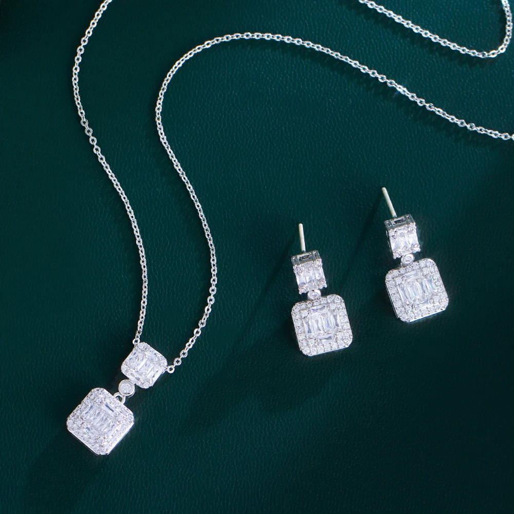 Elegant Retro Square Zircon Necklace Earrings Suit Light Luxury Nice Design Dinner Dress Chain Women Jewelry Set