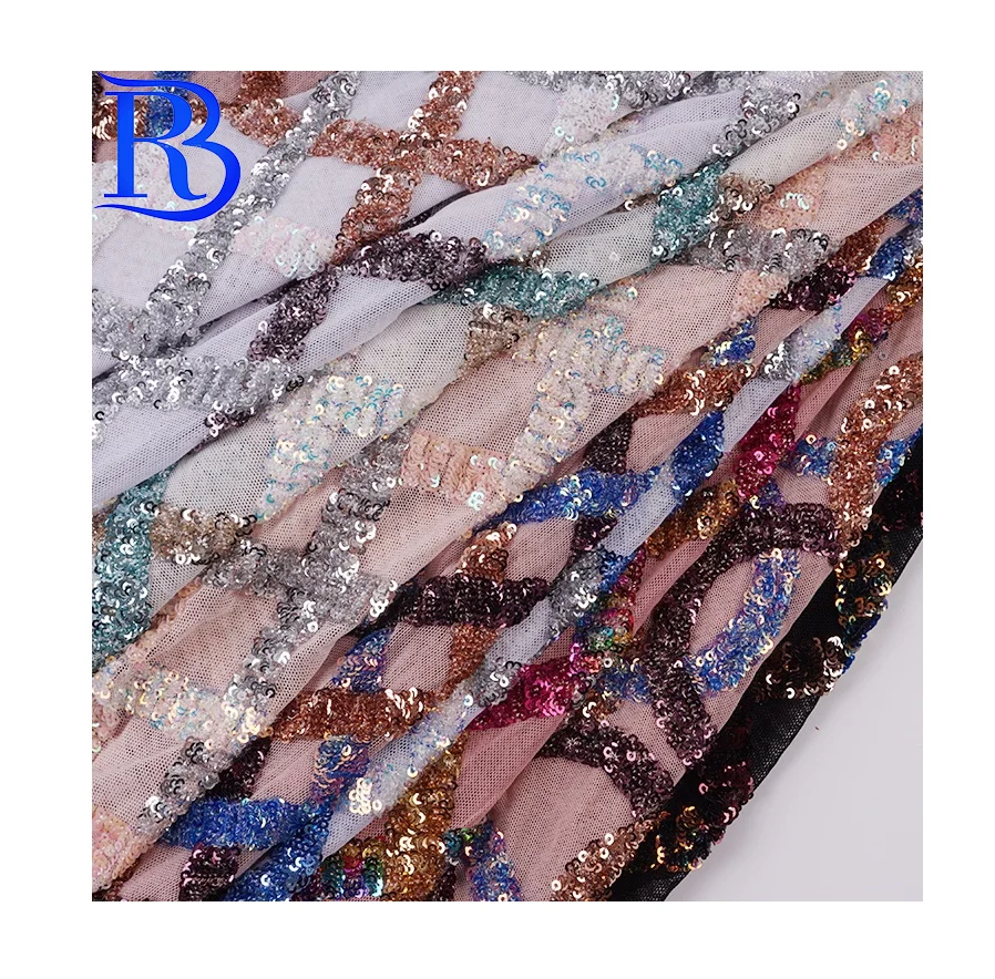 

New design ready to ship fashion multicoloured plaid shiny embroidery sequin tulle fabric for women dress