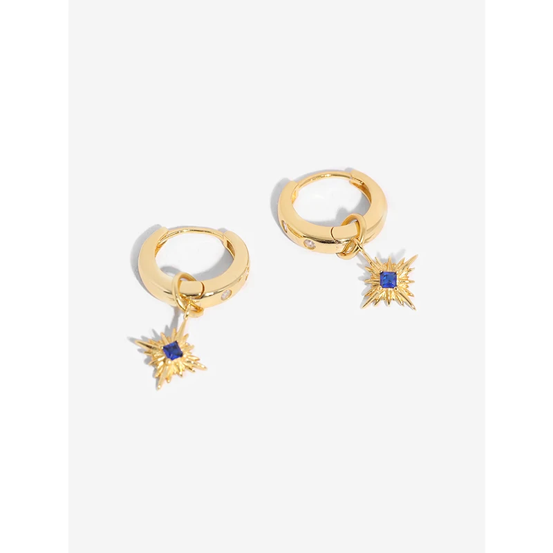 

New Trendy 925 Sterling Silver 18K Gold Plated Blue Spinel Diamond Dangle Star Zircon Huggie Hoop Earrings
