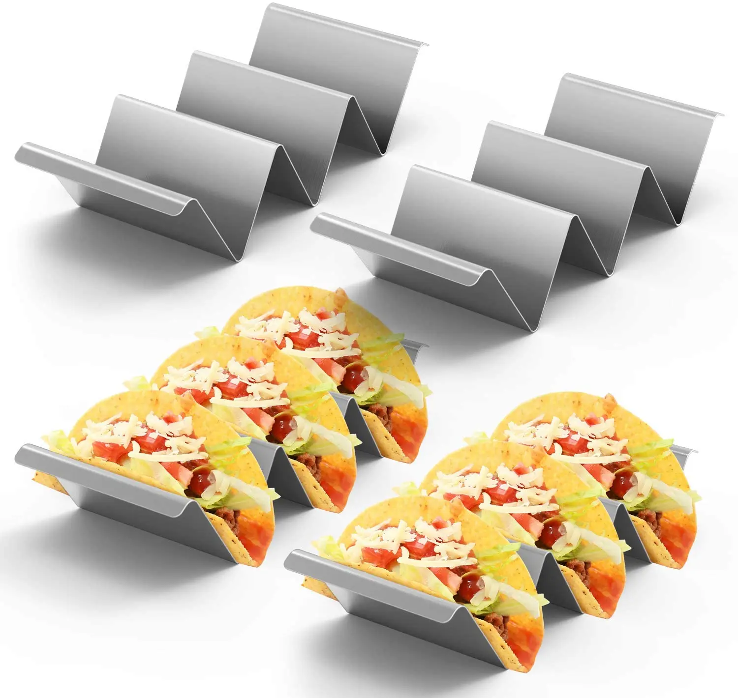 

Nuovoware Taco Holder Stands, Set of 4 Pack Stainless Steel Taco Shell Holder with Handles for Kitchen Oven Grill, Silver