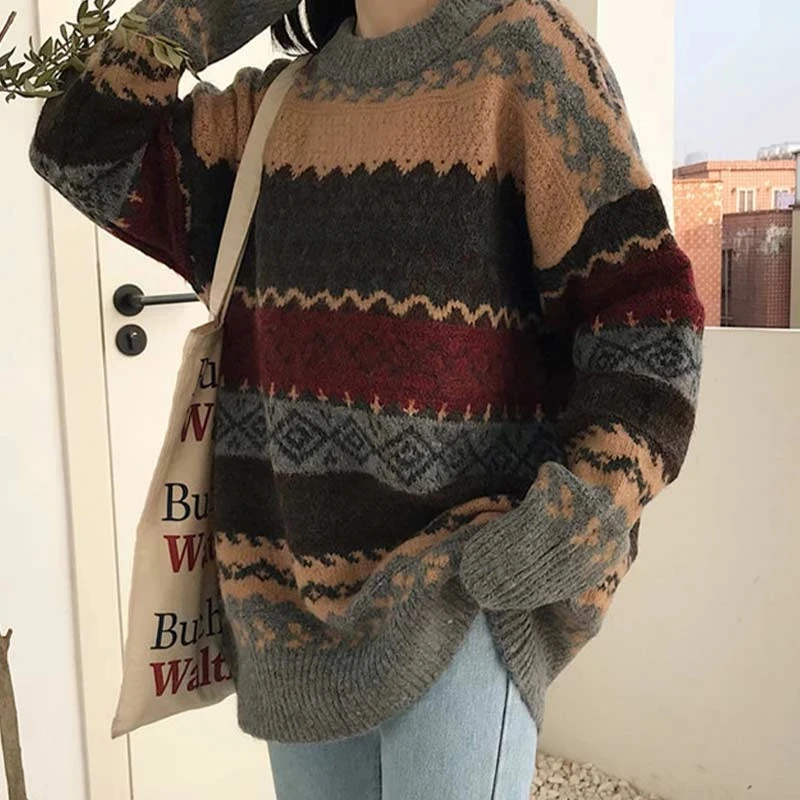 

Vintage Sweaters Women Pullover Winter Striped Jumpers Korean Style Loose Pullover Knitwear Casual Loose Sweater Pull Sweaters