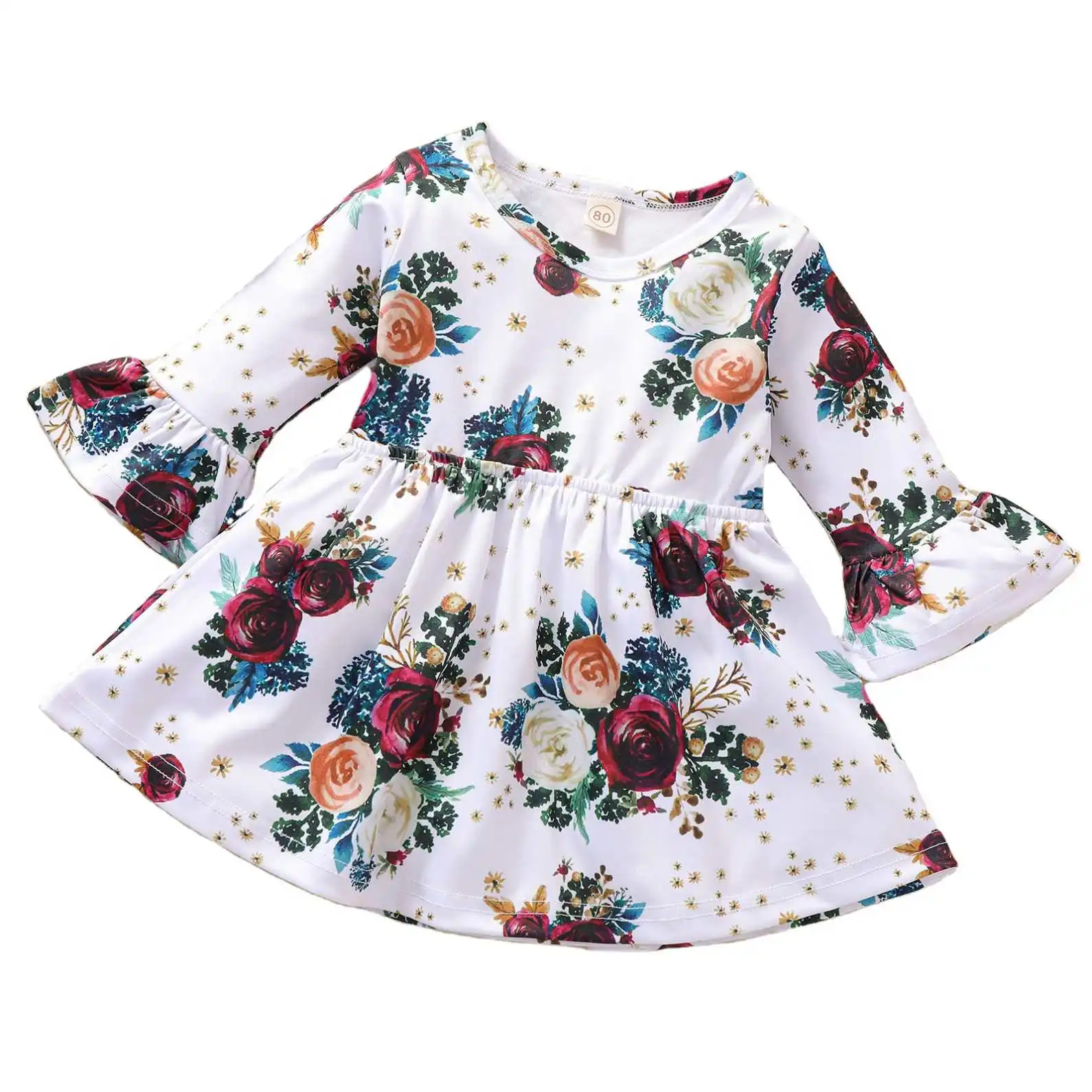 

girls floral print trumpet long sleeve dress, As picture