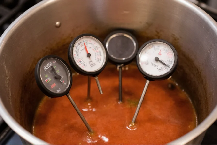 Multiple thermometers monitoring temperature in large commercial chili pot