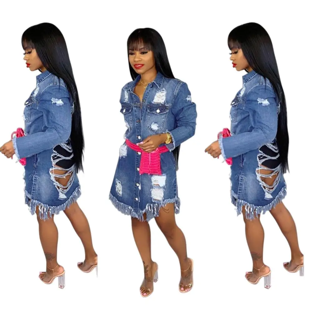 SF9330 women fashion long scratched jeans denim jacket coat