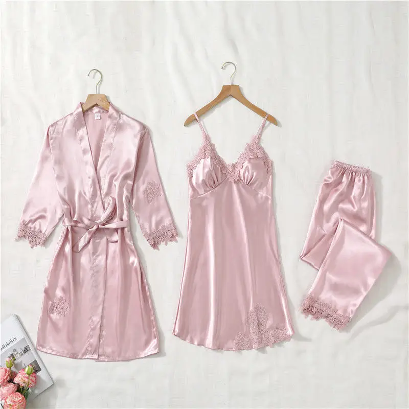 

High Quality 3 Pieces Silk Pajamas Set solid Sleepwear Satin Loungewear for Women, Picture show