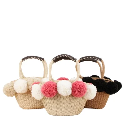 

handmade summer beach women handbag natural strawbag weave bohemian shoulder bag pom pom high quality handle bucket, Customerized