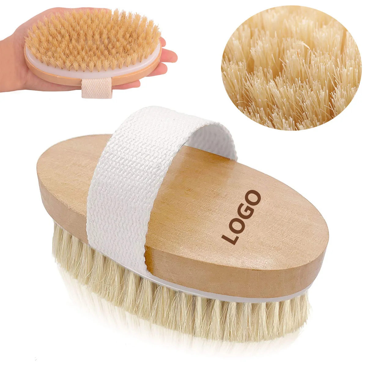 

2022 Wholesale hot sale custom logo wood handle natural boar bristle dry skin body bath brush with hand band, Burlywood