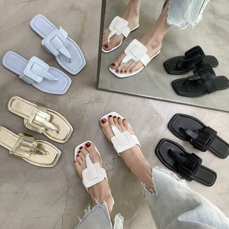 

2021 New Style Factory Summer Slides Leather Navy Blue Waterproof Woman Girls flat Slipper Flip Flop Leather Sandals Woman, Black/white/gold/navy blue