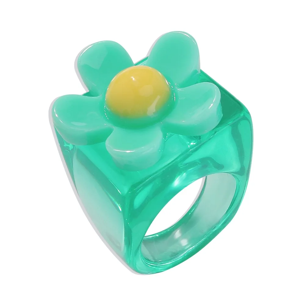 

Jachon 2022 Candy Color Resin Ring For Girls Children Fashion Knuckle Tail Transparent Finger Ring With Flower Pattern, Green/blue/yellow/purple/pink/orange