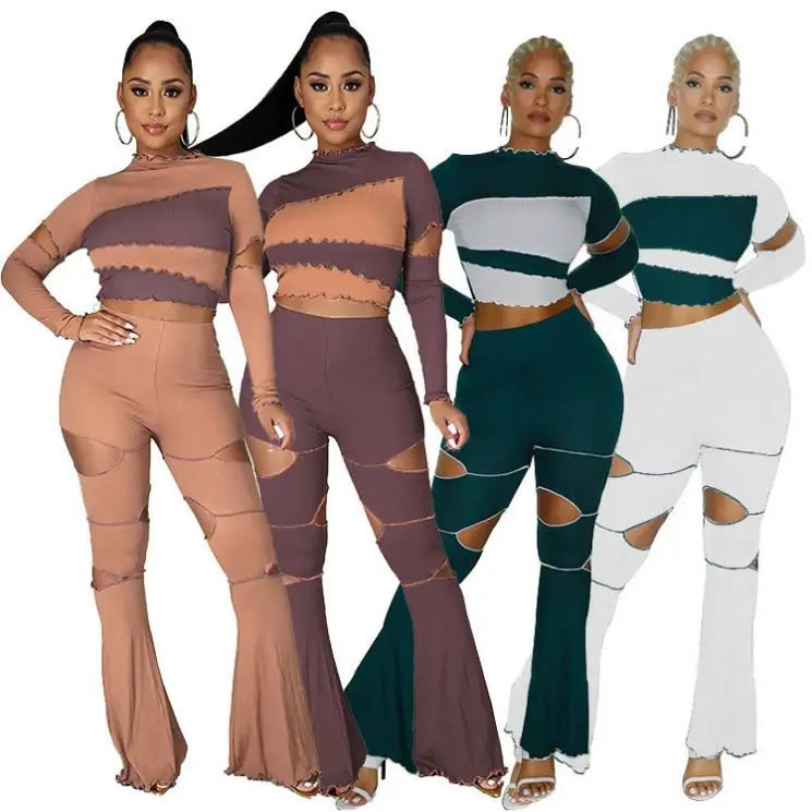 

MD-2021 High Quality Crop Top Hollow Out Sexy Fashion Plus Size Flare Pants Women Two Piece Set Clothing Lady Two Piece Outfits
