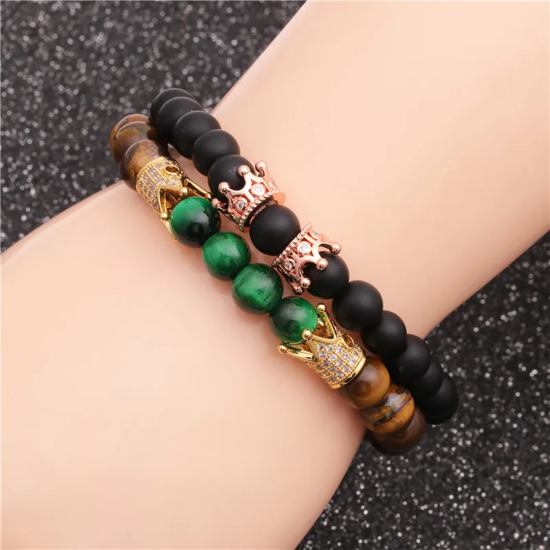 

Hot selling 8mm new custom jewelry findings beaded matte black tiger eye cz stone crown bracelet diy stone bracelet natural, Picture