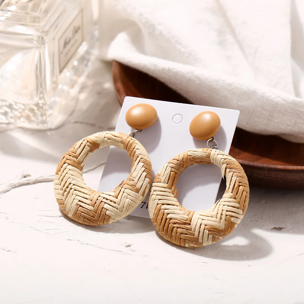 

Jwellary earrings fashion earrings trend 2021 vintage braided hollow woven rattan grass circle drop ethnic style boho earrings, 3 colors