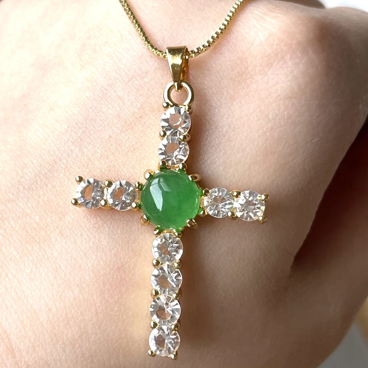 

2021 ins hot!!Jialin Jewelry Best selling Green agate jade cross pendant women diamond cross necklace women charm Jewelry