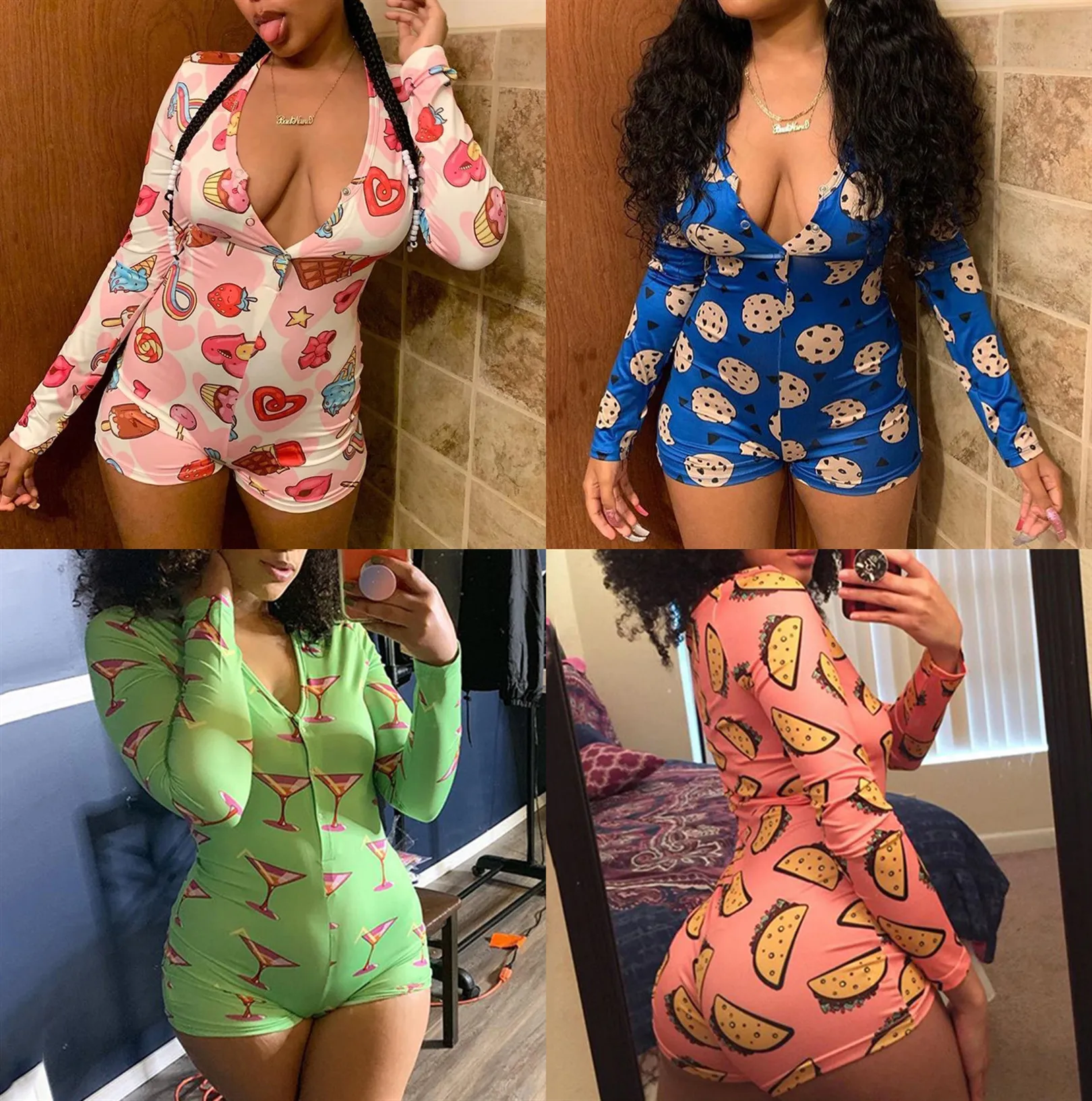 

FM-6002 Sexy V-neck 26 patterns print long sleeve panties casual jumpsuit woman one piece women bodysuit 2020 biker shorts, As pictures