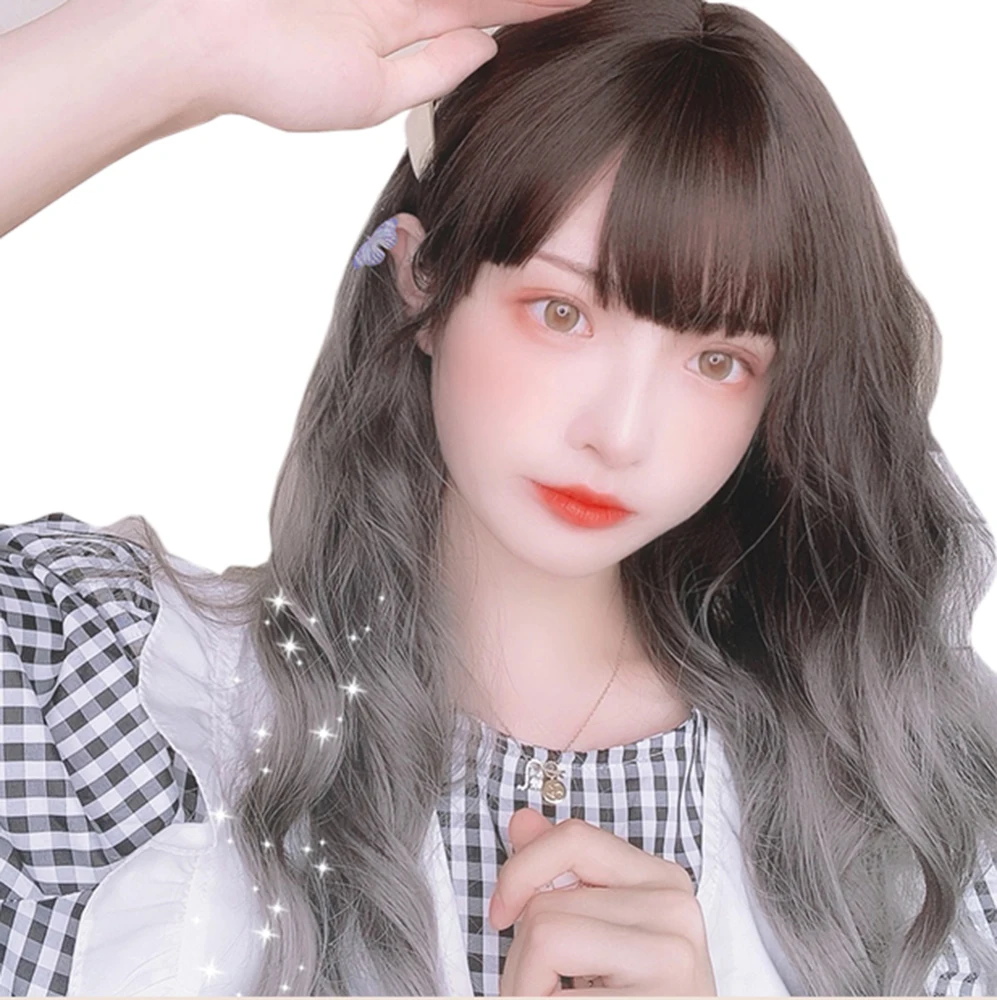 

Dark Brown Gradient Gray Wig Long Curly Daily Grooming Face Sweet Cute Princess Girls Cosplay Party Wigs, Pic showed