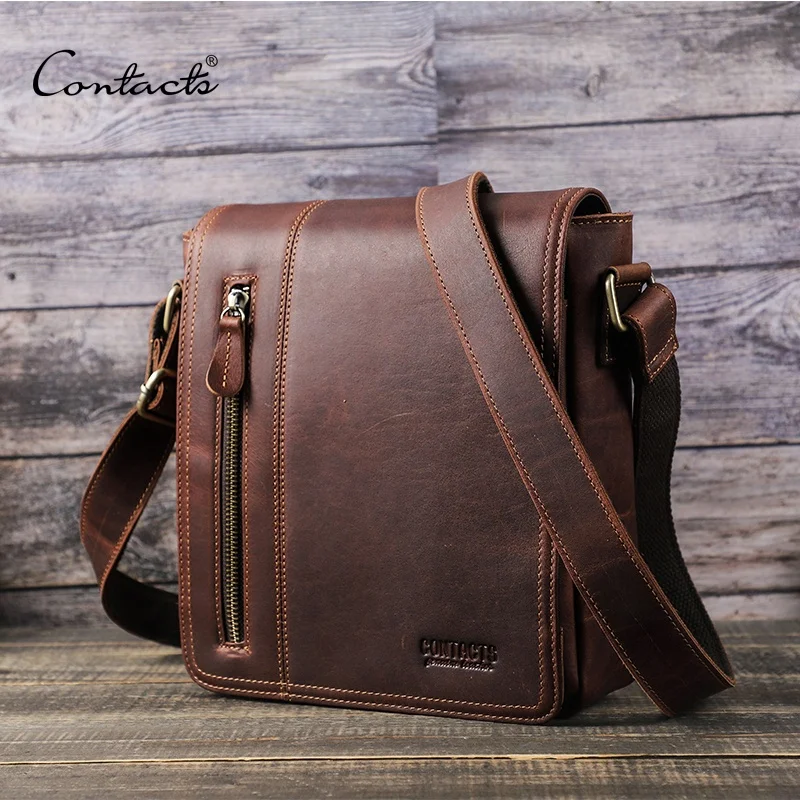 

CONTACT'S Business Men Crossbody Full Flap Satchel Top Grain Leather Messenger Tablet Bag for 7.9 Inch iPad, Coffee or customized color