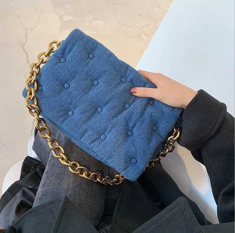

retro blue jean quilted women shoulder bags designer thick chains handbags luxury messenger bag lady flap big purses female sac, Blue,black