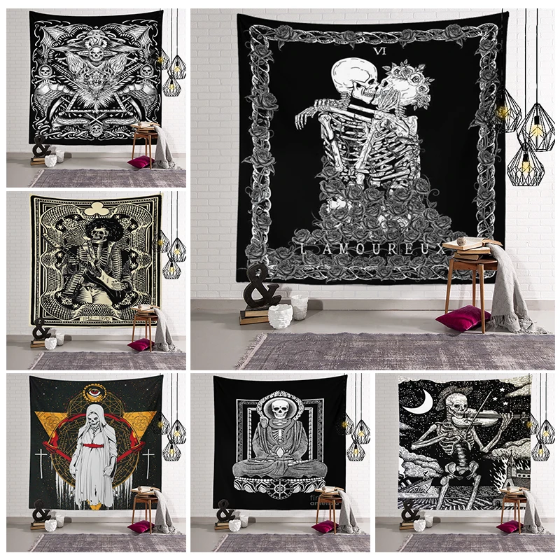 

Home Wall Hanging Painting Festival Decor Portrait Black White Falao Death Meditation Skull Skeleton Tapestry