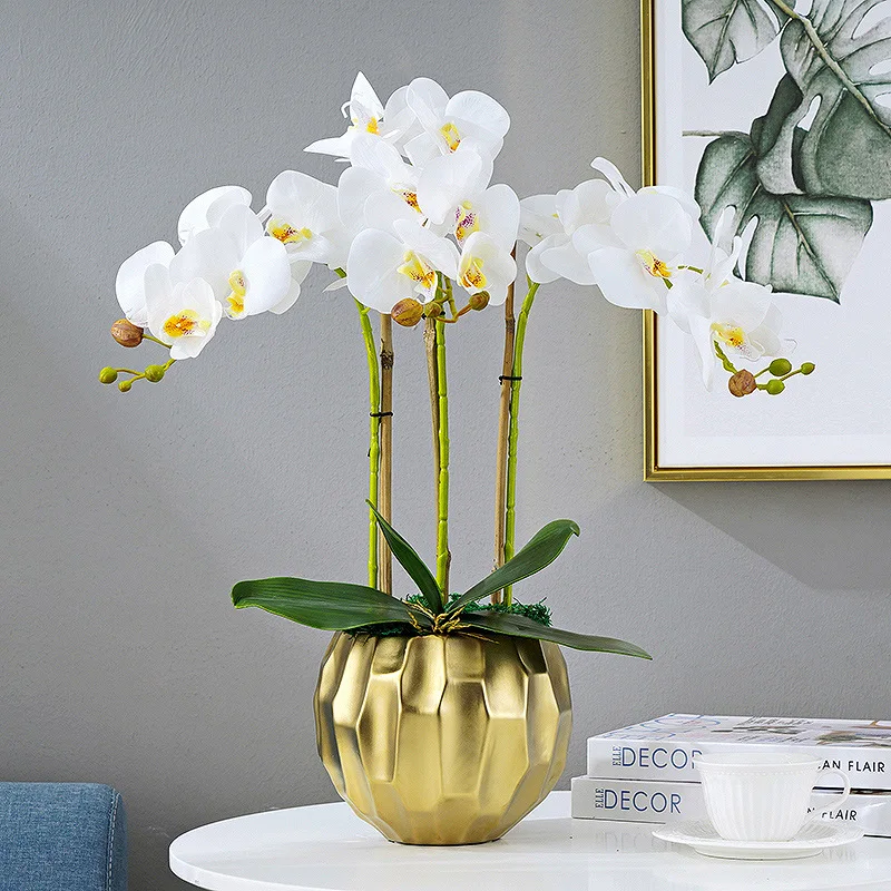 Image of C-OR008 High End Home Hotel Garden Showroom Shop Decoration Artificial Hand Feeling Butterfly Plastic Orchid Flowers With Pot