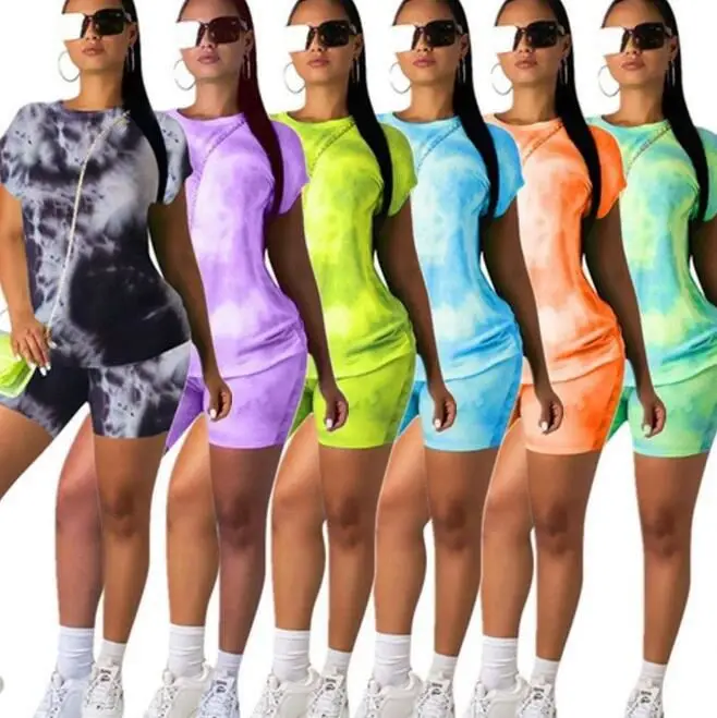 

Tie Dye Two Piece Set Women Clothing 2021 newest girl short sleeve tops and short pants sports wear, As pic